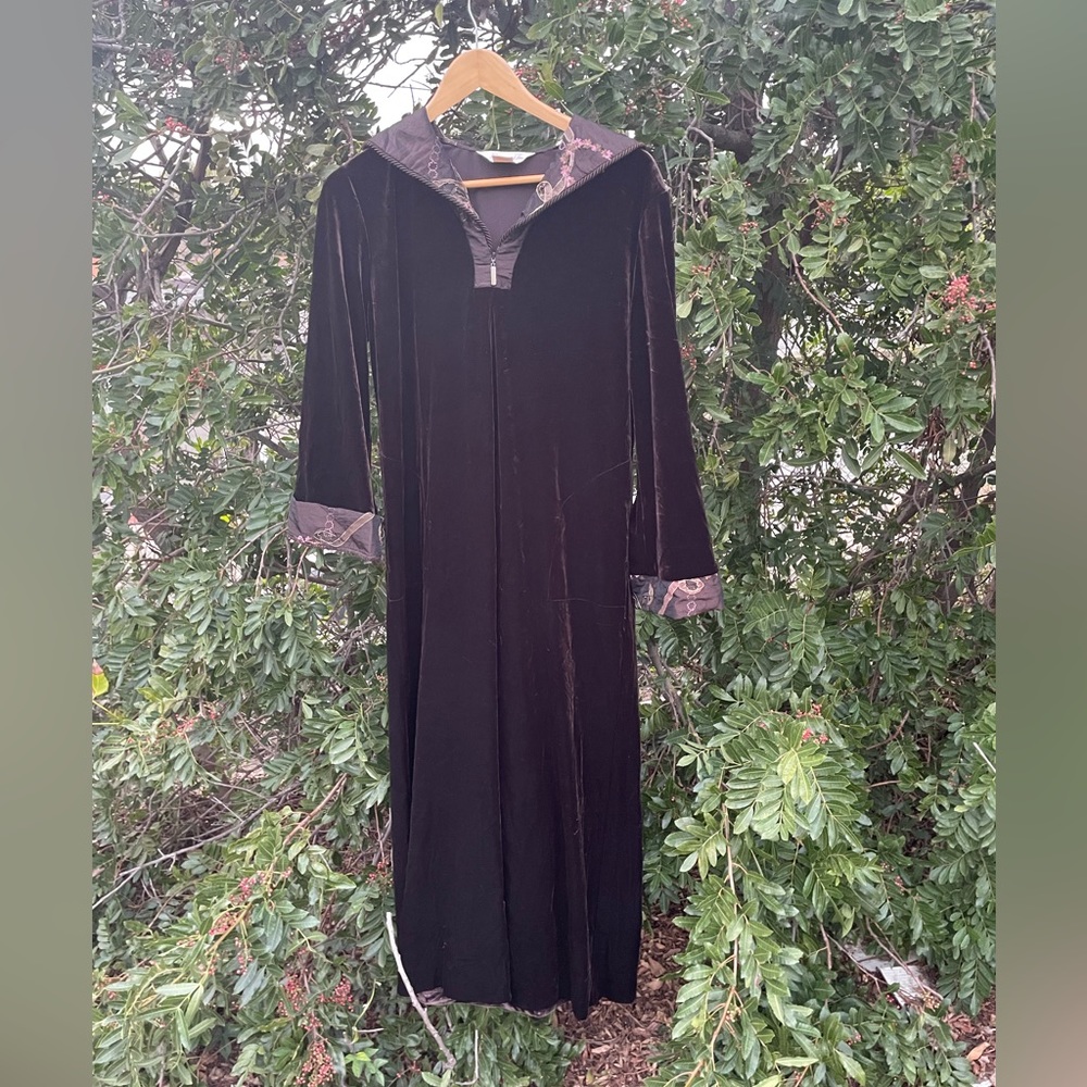 Vintage Diamond Tea Velour Robe, Size M, Maxi, Coffee Brown